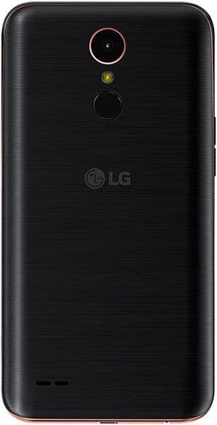 LG K10 (2017) rear view showing black back panel with camera, fingerprint sensor, and LG logo