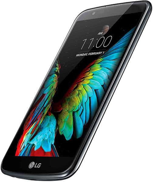 LG K10 smartphone in black, front angled view, screen shows parrot image with 11:00 time and Monday, February 1 date.