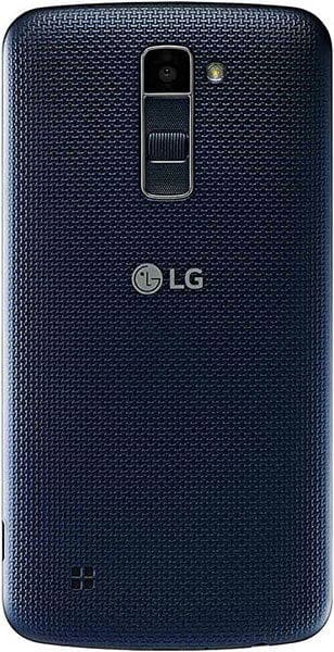 Rear view of LG K10 in black shows textured back, center rear camera, flash, volume buttons, and LG logo at lower center.