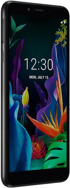 Front view of black LG K20 (2019) showing screen with 12:30 time, July 15 date, and vibrant botanical wallpaper.