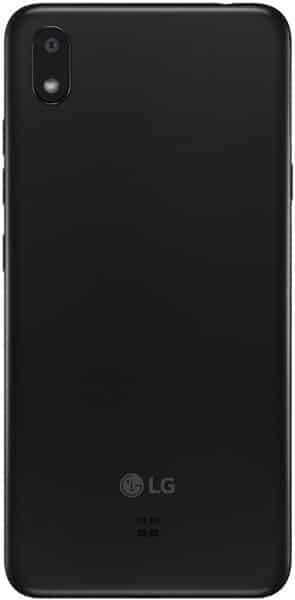 Rear view of black LG K20 (2019) showing single rear camera and flash in top left, LG logo near bottom.