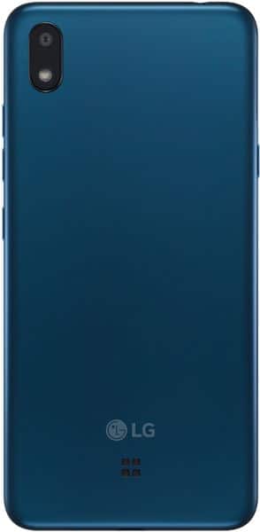 Rear view of blue LG K20 (2019) with single top-left camera, flash, LG logo, and small speaker grille near the bottom.