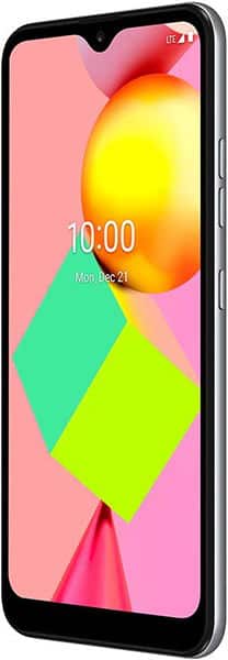 LG K22 smartphone front view with colorful geometric display showing time 10:00