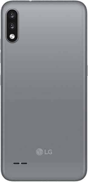 LG K22 rear view showing gray back panel with dual-lens camera and LG logo