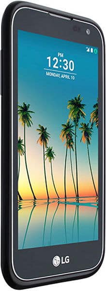LG K3 (2017) smartphone displaying home screen with palm trees and sunset, shown from front angle