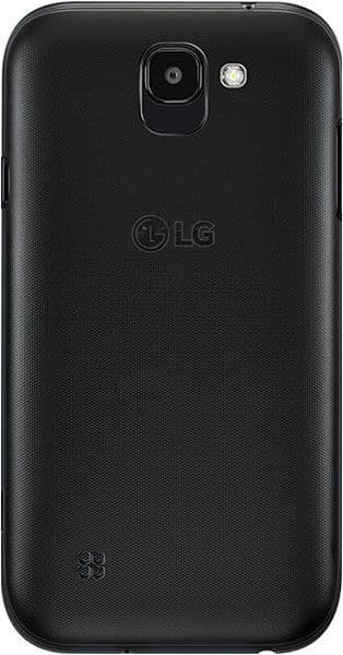 LG K3 (2017) rear view, black smartphone with textured back, dual camera and flash visible