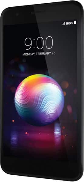 Front view of LG K30 showing 9:00, Feb 26, colorful sphere wallpaper on dark screen, and full battery icon.