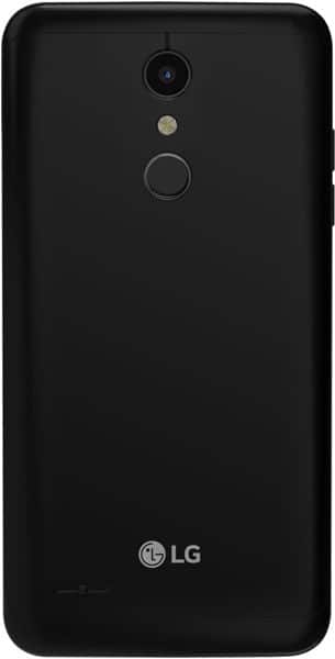 Rear view of black LG K30 showing single rear camera, flash, fingerprint sensor below, and LG logo at the bottom.