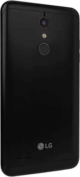Rear view of black LG K30 showing single rear camera with flash, circular fingerprint sensor, and LG logo at the bottom.