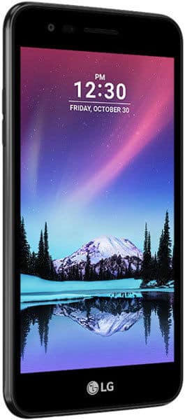 LG K4 (2017) smartphone with screen displaying lock screen showing 12:30, Friday October 30, and mountain landscape wallpaper