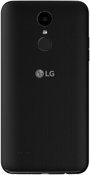 LG K4 (2017) rear view showing black textured back with camera, fingerprint sensor, and LG logo