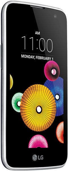 LG K4 smartphone front view showing lock screen with colorful flower design and time display