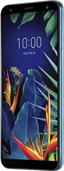 LG K40 smartphone front view with blue wallpaper displaying time 10:00, colorful abstract floral graphics on screen