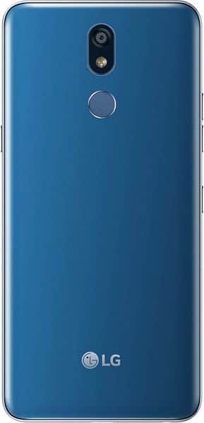 LG K40 rear view, blue back panel with dual camera and fingerprint sensor