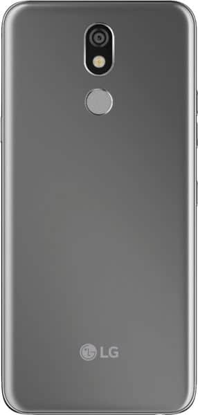 LG K40 rear view showing single camera, fingerprint sensor, and LG logo on gray back panel