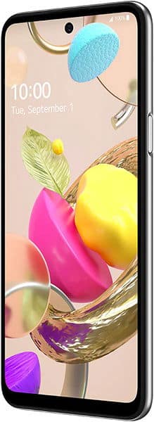 Front view of LG K42 shows black frame, colorful abstract display, time 10:00, date Sep 1; power button on right side.