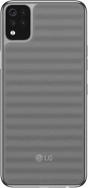 Rear view of gray LG K42 showing triple cameras with flash, LG logo at bottom, and subtle striped back pattern.