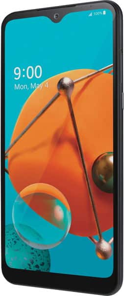 Front view of black LG K51 showing 9:00 AM, May 4, abstract orange/blue background, and full battery indicator.