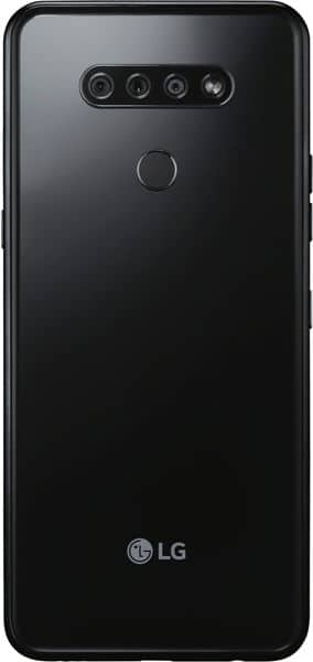 Rear view of black LG K51 shows horizontal triple cameras, LED flash, fingerprint sensor, and LG logo at the bottom.