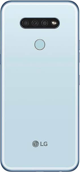 Rear view of light blue LG K51 showing triple horizontal cameras, flash, circular fingerprint sensor, and LG logo at bottom.