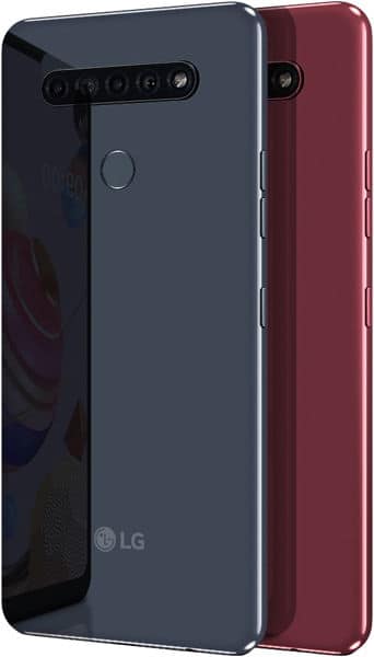 LG K51S rear view in blue and burgundy, showing camera array and fingerprint sensor