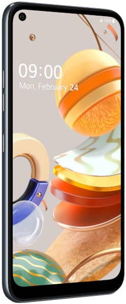 LG K61 smartphone displaying home screen with time 09:00 and colorful fruit illustration, front view