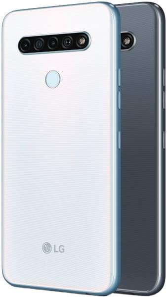 LG K61 smartphone shown front and rear views, white front with five-camera array and fingerprint sensor, dark gray back