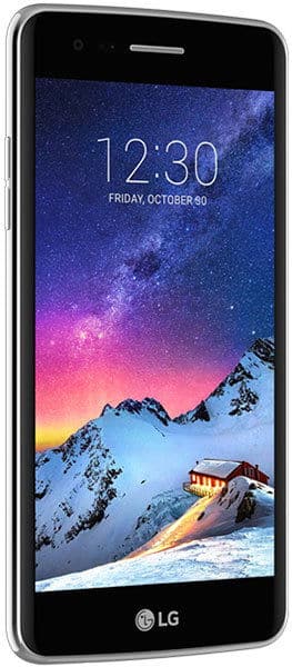 LG K8 (2017) smartphone with screen-on display showing time 12:30 and mountain landscape wallpaper