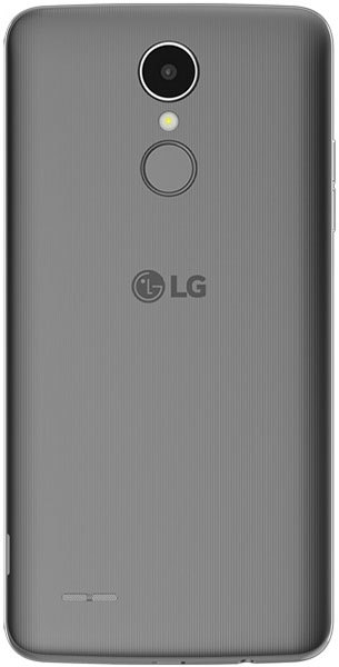 LG K8 (2017) rear view showing gray textured back panel, camera lens, and fingerprint sensor