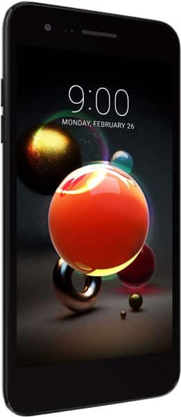 LG K8 (2018) front view, screen displaying lock screen with time 9:00 and colorful spheres