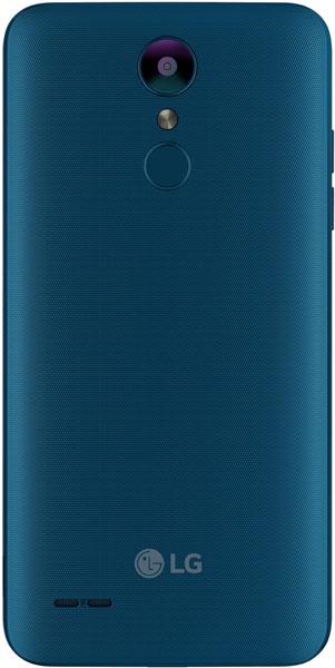 LG K8 (2018) rear view, teal blue back with camera lens and fingerprint sensor