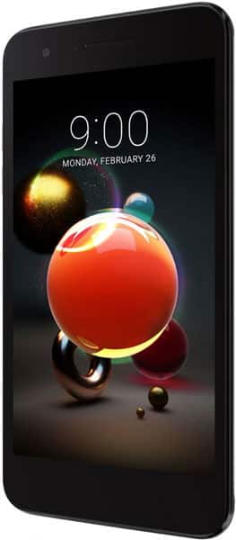 LG K8 (2018) phone displaying lock screen with time 9:00 and colorful spheres graphic, shown from front