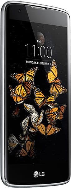 Front view of black LG K8 smartphone showing 11:00 AM, Feb 1, and butterfly wallpaper on a dark starry screen.
