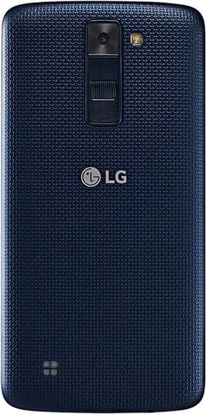 Rear view of dark blue LG K8 showing textured back, centered LG logo, rear camera with flash, and volume/power buttons below.