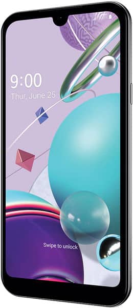 LG K8X smartphone front view displaying lock screen with time 9:00, colorful abstract design, and geometric shapes