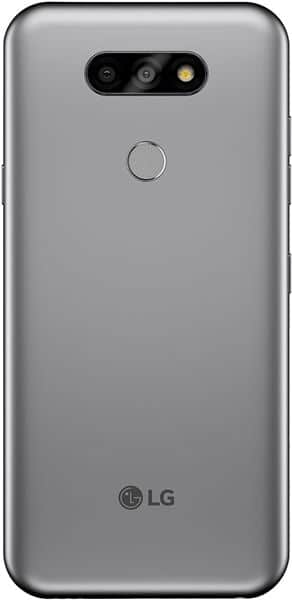 LG K8X rear view showing triple camera setup, fingerprint sensor, and gray finish