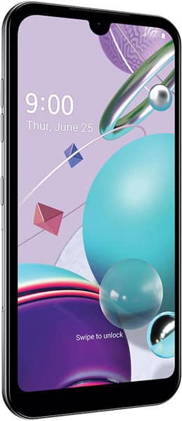 LG K8X smartphone front view, displaying home screen with colorful geometric shapes and time 9:00 on Thursday, June 25