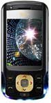 LG KC560 mobile phone, front view, with black casing, gold accents, and display screen showing colorful graphics