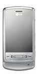 Front view of silver LG KE970 Shine with touchscreen and three physical buttons at the bottom.