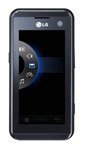 LG KF700 slider phone, front view, with dark screen and metallic gray casing