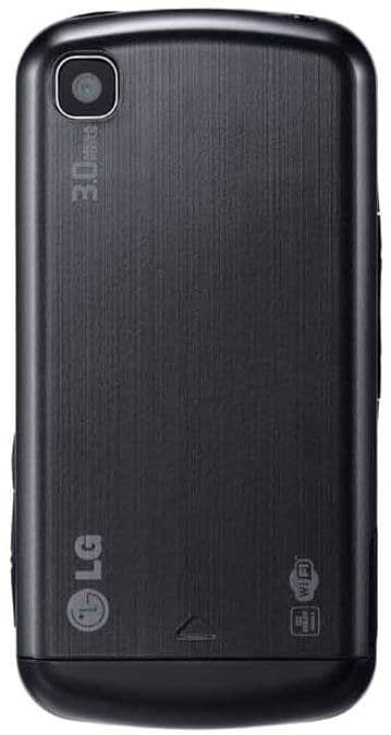 LG Shine Touch rear view, black phone with textured back panel and camera lens in upper left corner