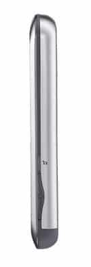 LG Clubby phone, side view, silver and dark gray slim candybar design with rounded edges