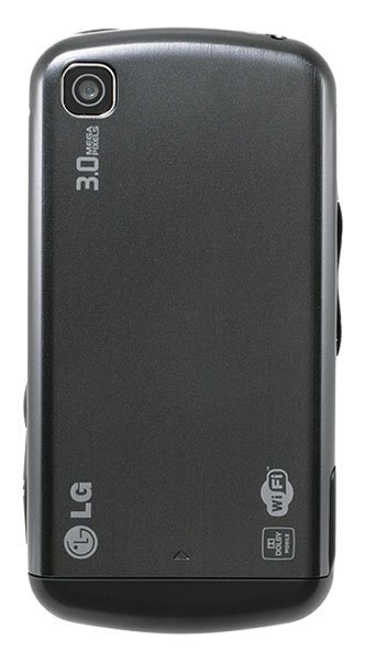 LG Clubby mobile phone, rear view showing camera and control buttons on dark gray body