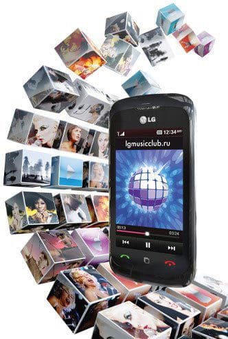 LG Clubby black smartphone displaying colorful globe on screen, surrounded by floating photograph prints