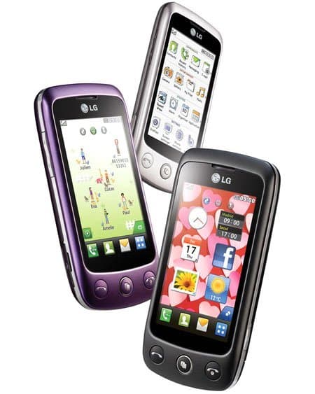 LG Clubby phones in purple, white, and black, displayed front-facing with app icons visible on screens