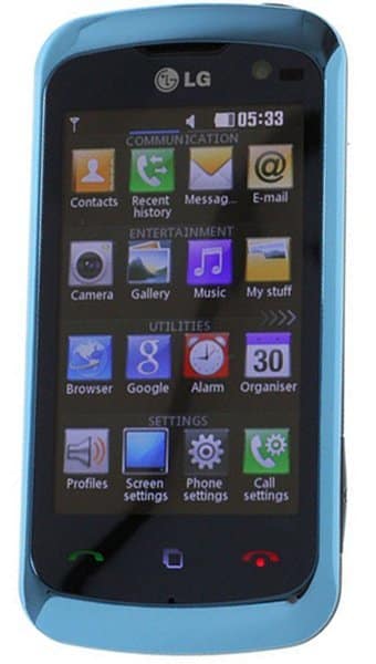 LG KM570 Cookie Gig phone, front view, displaying home screen with apps organized by category including Contacts, Camera, Browser, and Settings