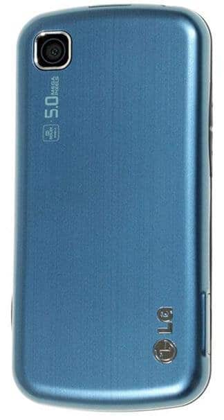 LG KM570 Cookie Gig rear view, blue metallic phone with camera and branding visible