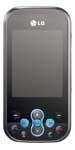 LG Neon KS360 phone viewed from front, showing gray screen and blue directional controls and buttons below display