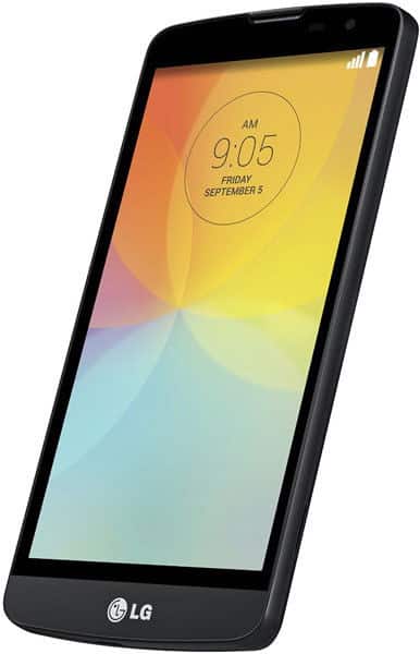 LG L Bello smartphone front view, displaying colorful gradient lock screen with time 9:05 AM and date Friday, September 5