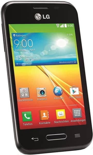 LG L40 smartphone, front view, with colorful home screen displaying weather widget, app icons, and status bar